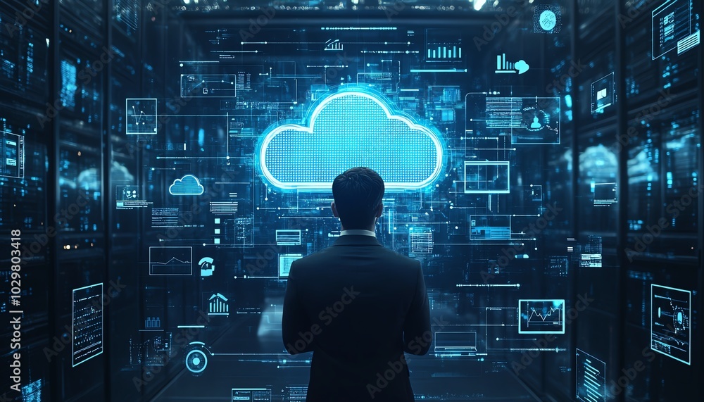 Poster a professional businessman showcasing cloud computing infographics and technology icons in a stockge