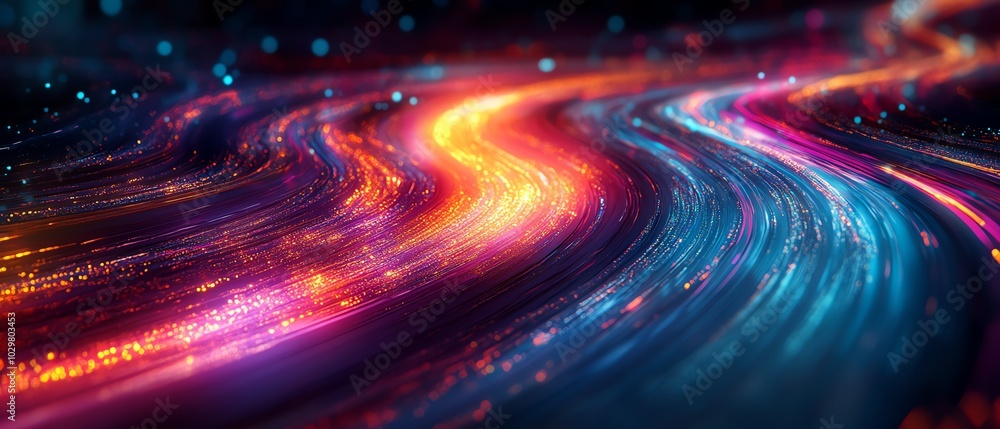 Poster a vibrant visualization of an information highway, illustrating streams of light that flow like data