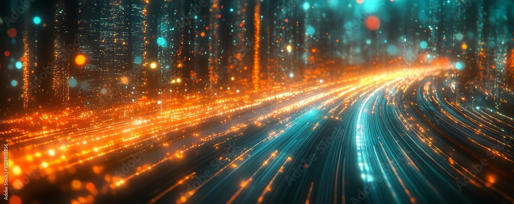 Poster abstract image of an information highway with cascading streams of light, highlighting the concept o