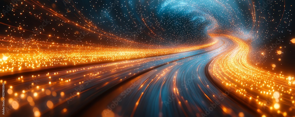 Poster abstract image of an information highway with cascading streams of light, highlighting the concept o