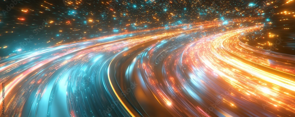Poster abstract image of an information highway with cascading streams of light, highlighting the concept o