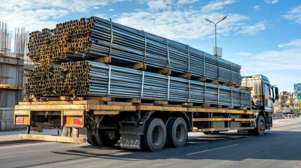 A large truck loaded with building materials such as steel beams and lumber driving to a construction site.