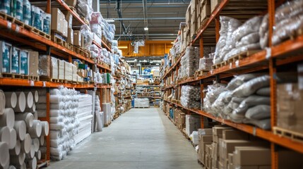 An aisle in a hardware store filled with different types of construction materials like pipes and insulation.