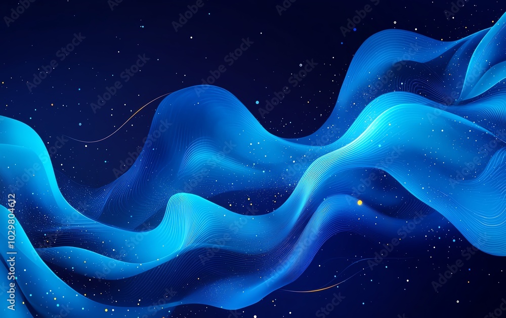 Poster creative abstract blue banner for a tech website, emphasizing fluid designs and digital motifs to ca