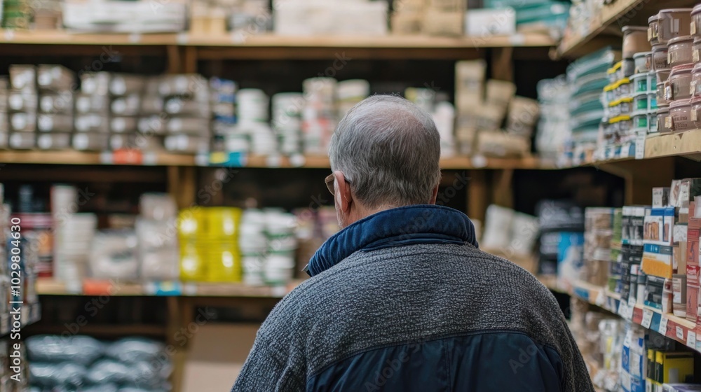 Poster a customer browsing through a selection of building materials at a local shop.