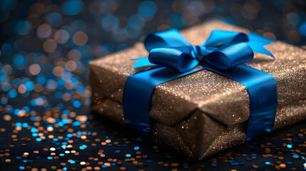 Golden Gift Box with Blue Ribbon and Confetti