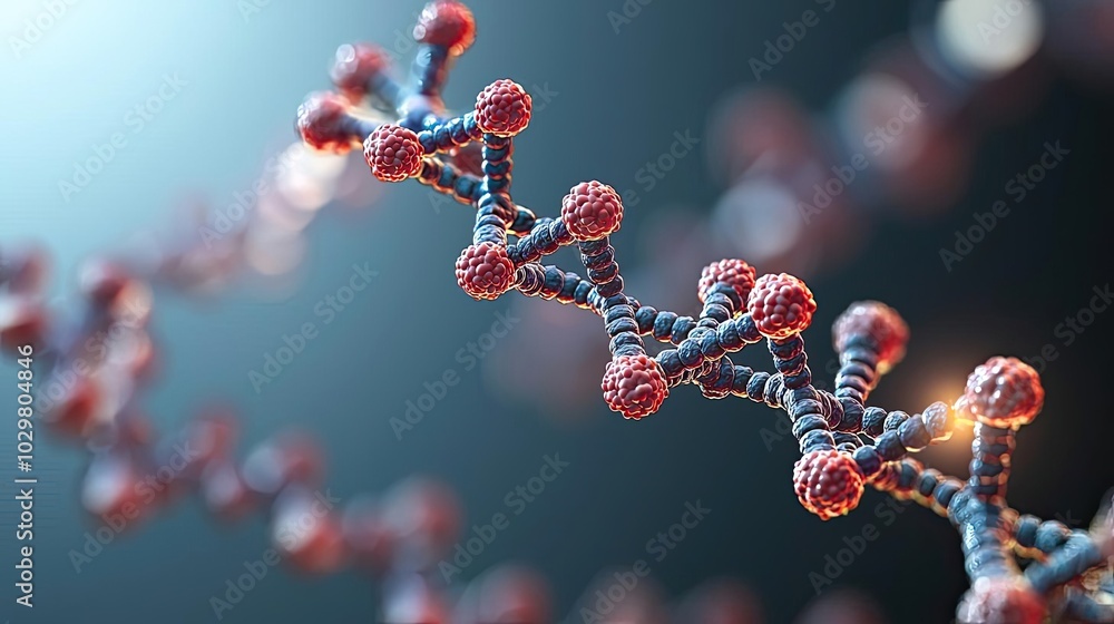 Poster molecular structure with red and blue elements on a blurred background.