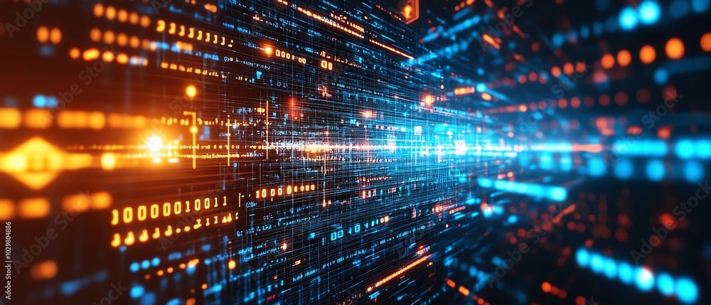 Aufkleber Dynamic background representing innovation in cyber technology, incorporating binary code, circuits, and glowing data streams