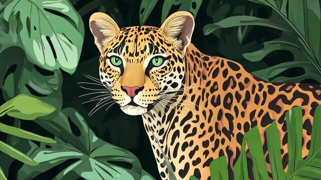 A leopard with green eyes stares intensely from behind lush green foliage