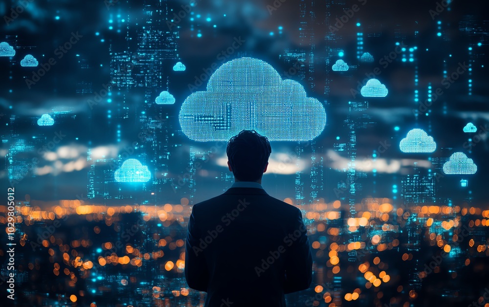 Fototapete Dynamic stock image of a businessman with cloud computing visuals and technology symbols, highlighting the future of digital innovation and transformation