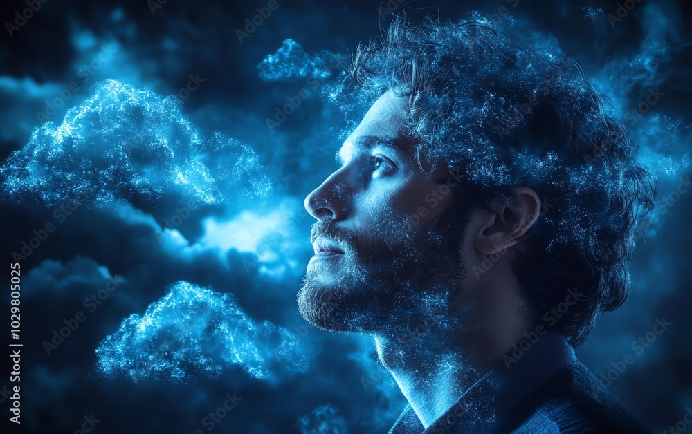 Poster dynamic stock image of a businessman with cloud computing visuals and technology symbols, highlighti