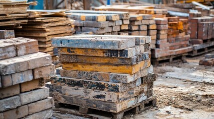 Stacks of reclaimed wood and bricks made from recycled materials at a construction site.