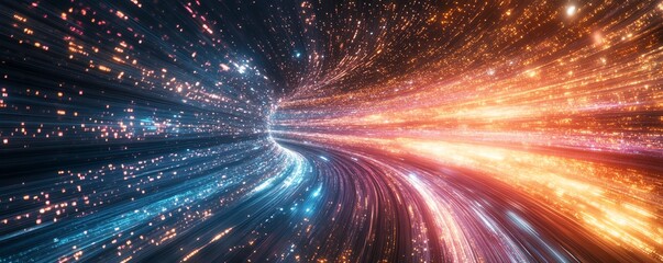 Energetic portrayal of an information highway featuring flowing streams of colorful light, representing seamless connectivity and data movement