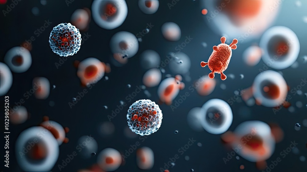 Poster abstract representation of virus and cells on a dark background.