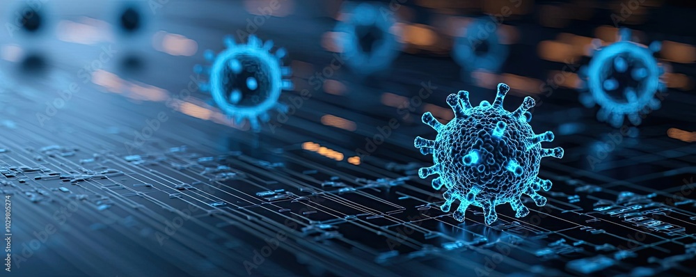 Poster microscopic view of digital viruses on a circuit board.