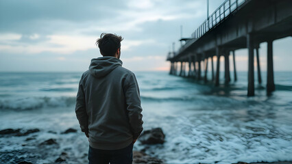Contemplative Figure by the Ocean at Dusk