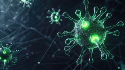 Microscopic view of green virus particles on a dark background.