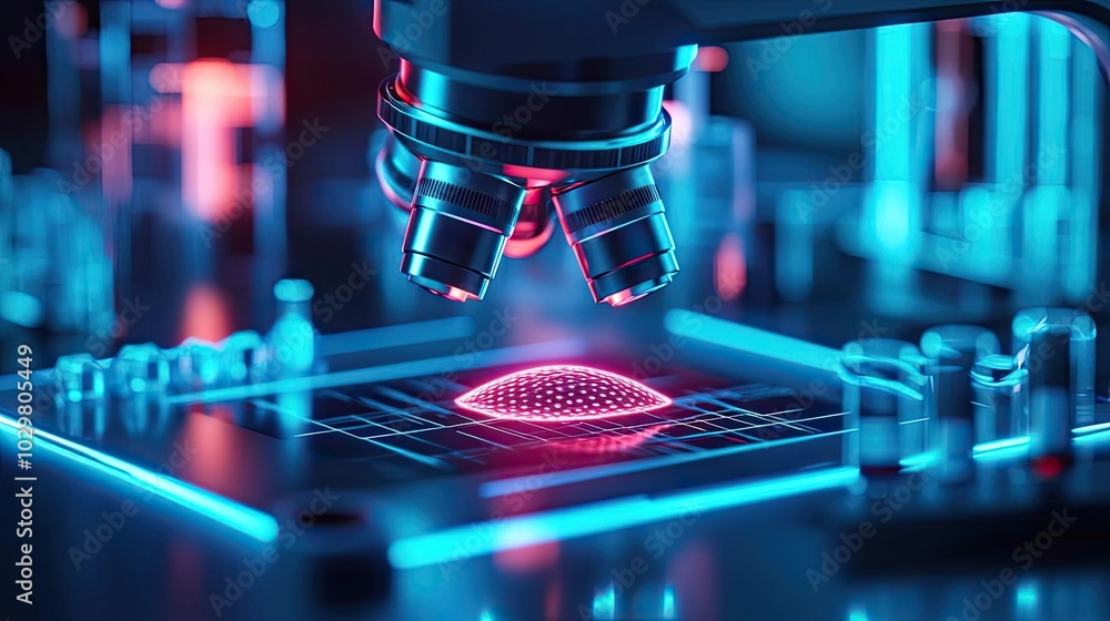 Poster close-up of a microscope observing vibrant nanostructures on a chip.