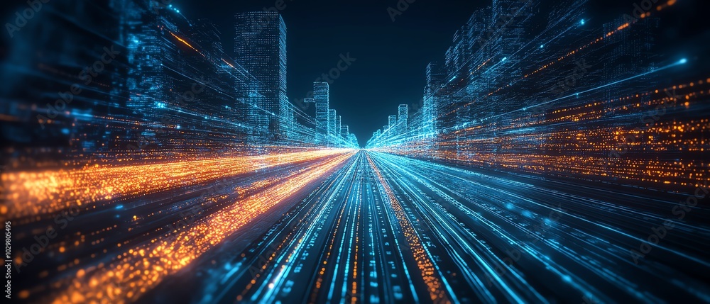 Fototapete Futuristic visualization of an information highway with luminous streams of light, emphasizing speed and efficiency in data transfer