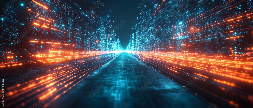Fototapete Futuristic visualization of an information highway with luminous streams of light, emphasizing speed and efficiency in data transfer