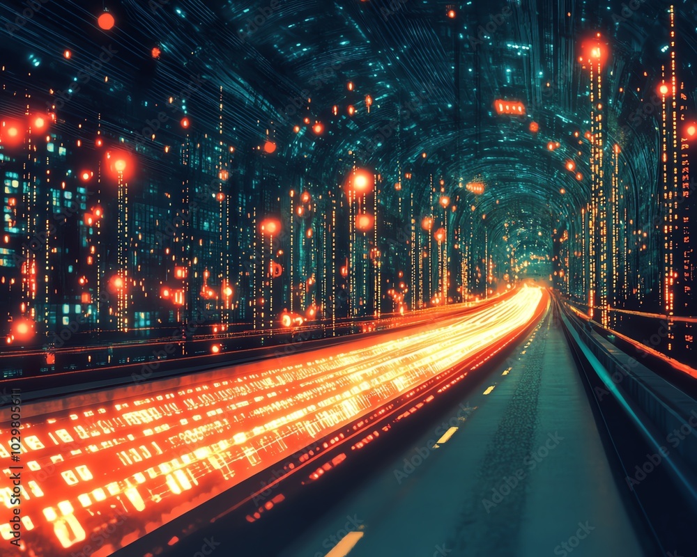 Poster illustration of an information highway filled with radiant streams of light, symbolizing the exchang