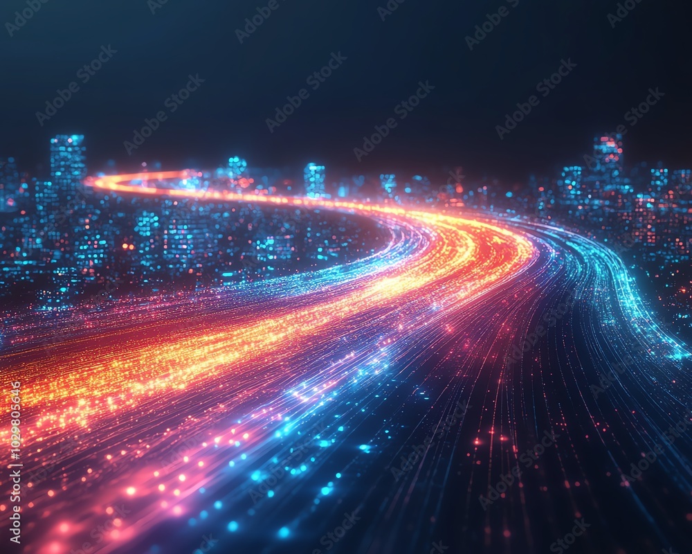Poster Illustration of an information highway filled with radiant streams of light, symbolizing the exchange of information and digital communication