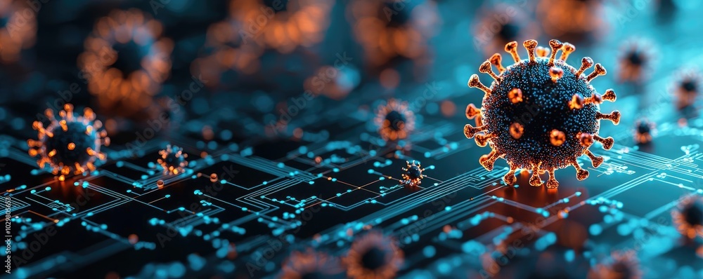 Poster 3d visualization of virus particles on a digital background with blue lights.