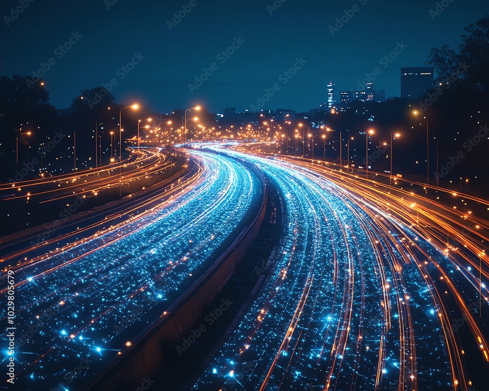 Poster illustration of an information highway filled with radiant streams of light, symbolizing the exchang