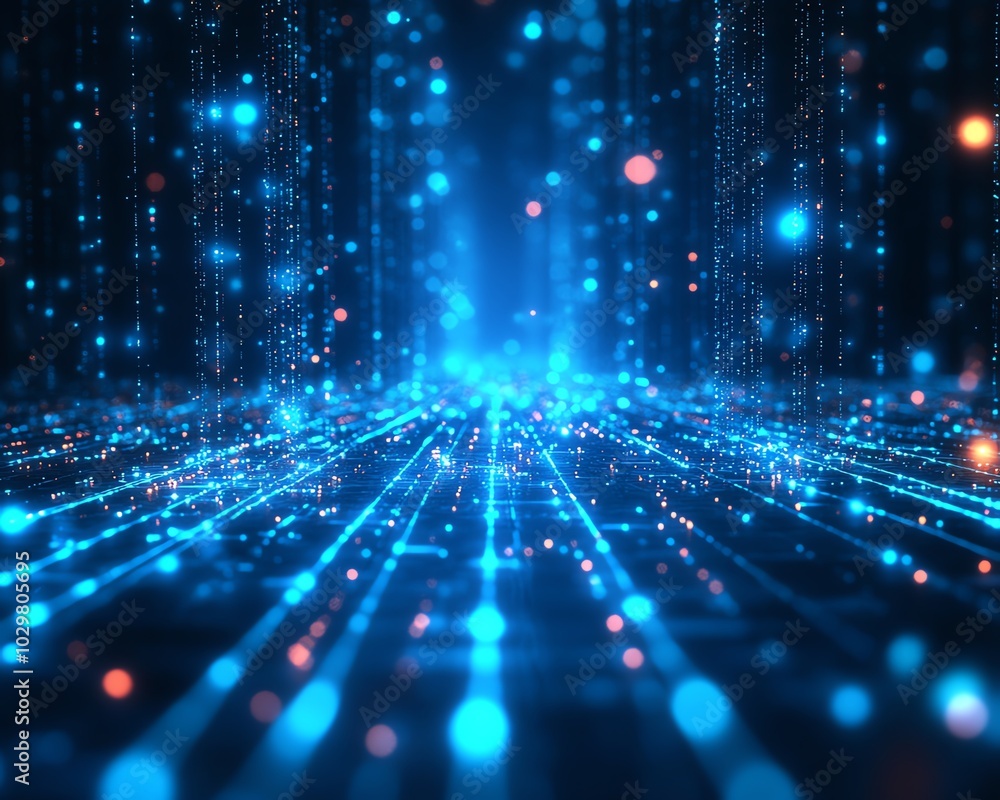 Poster Illustration of blue abstract lines leading in a specific direction on a digital tech background, symbolizing progress and innovation