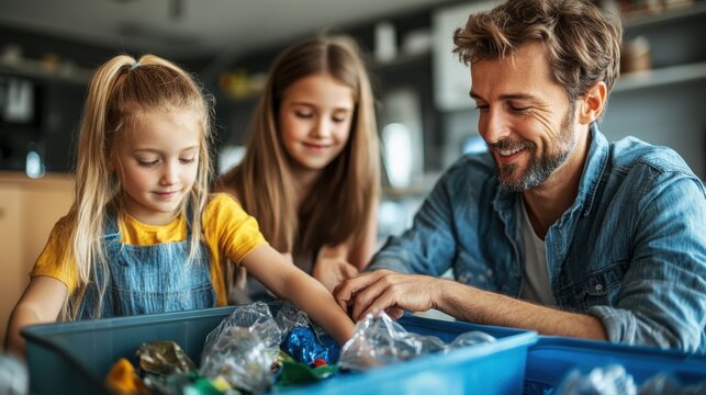 A family sorting recycling at home, teaching children the importance of sustainability and eco-friendly practices.