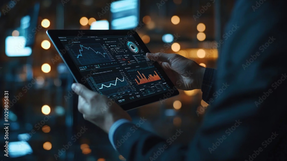 Poster a professional holding a tablet displaying a wealth management strategy with charts and graphs.