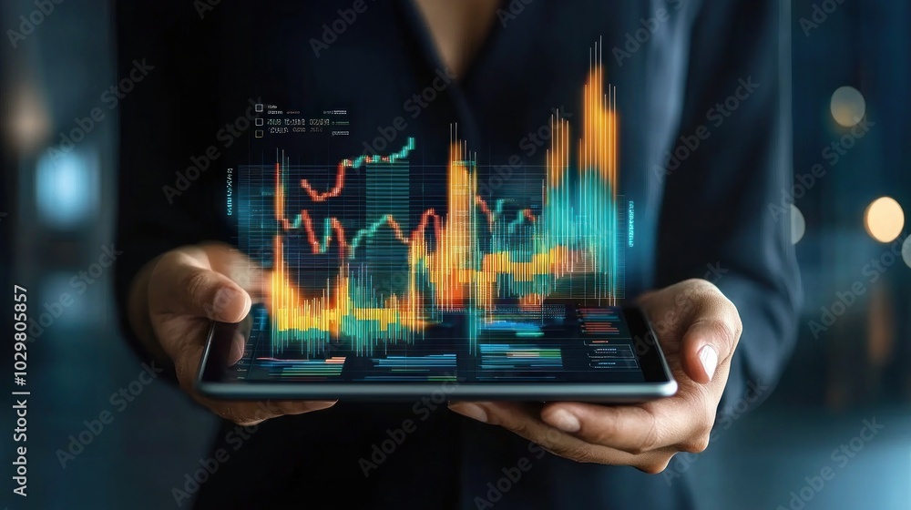 Poster a professional holding a tablet displaying a wealth management strategy with charts and graphs.
