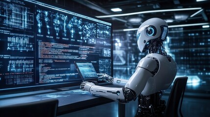 A humanoid robot works on a laptop in a futuristic data center.