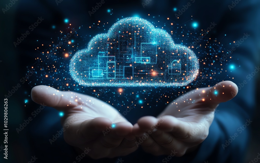 Leinwandbilder Professional image of a businessman displaying cloud computing data and technology icons, emphasizing innovation and digital transformation in a stock concept