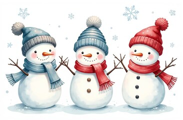 Set of cute watercolor little snowmen with hats and scarfs