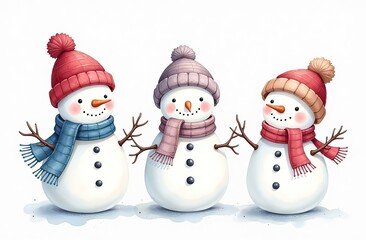 Set of cute watercolor little snowmen with hats and scarfs