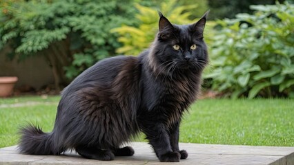 Black maine coon cat in the garden