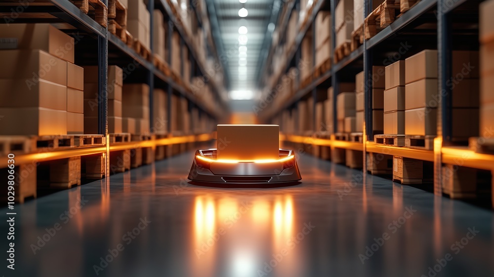 Poster robotic vehicle in warehouse logistics environment, highlighting automation in logistics and its imp