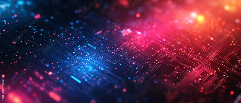Poster stylized background emphasizing innovation in cyber technology, with glowing effects and digital pat