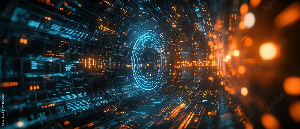 Aufkleber Stylized background emphasizing innovation in cyber technology, with glowing effects and digital patterns to convey a sense of advancement
