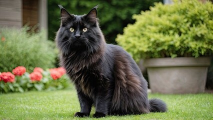 Black maine coon cat in the garden