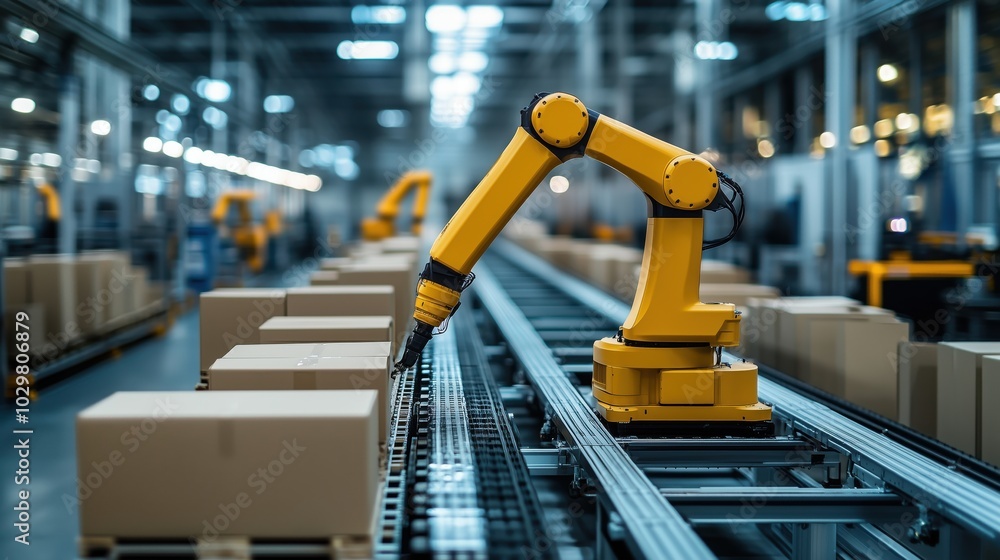 Poster robotic arm in industrial logistics operations. robotic arm operates on a production line, showcasin