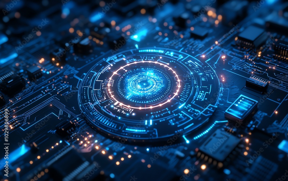 Poster Visual representation of innovation in cyber technology, including circuit boards, data flow graphics, and modern tech interfaces in a stock image