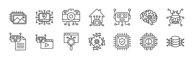 Artificial intelligence thin line icon set. Containing image,  medication, camera, home, robot process