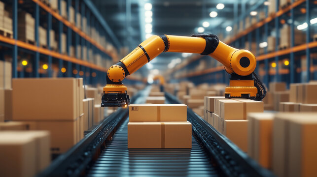 Robotic Arm in a Modern Warehouse Environment. Robotic arm efficiently handles packages in a modern warehouse, showcasing automation in logistics and the evolution of global business operations. - Powered by Adobe