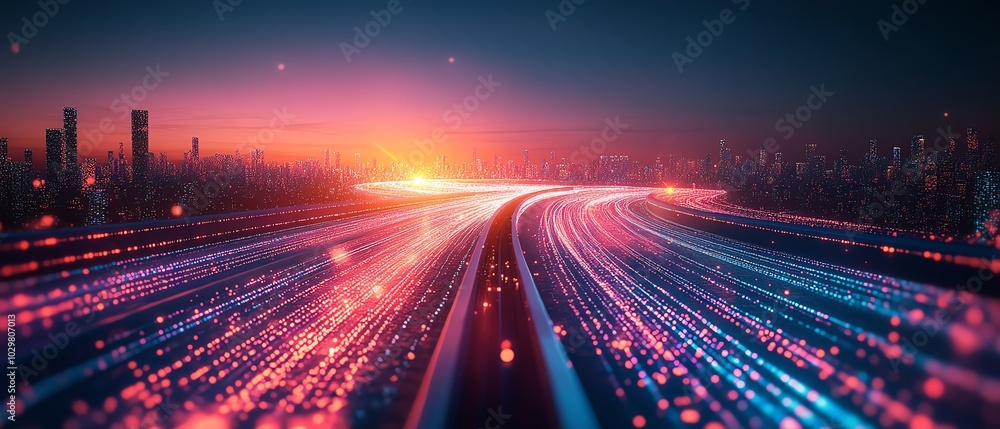 Poster Visual representation of an information highway with flowing streams of light, symbolizing fast data transfer and connectivity