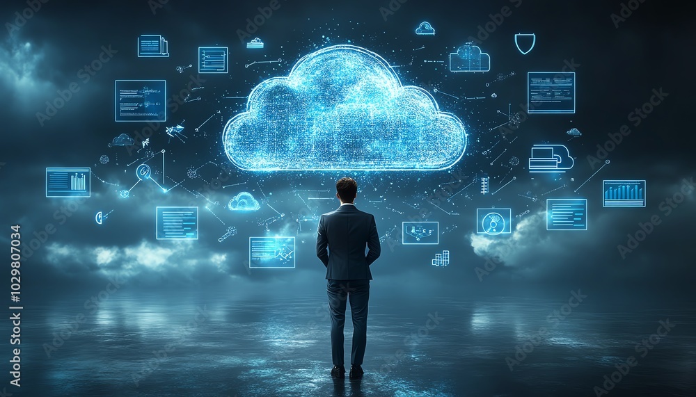 Poster a businessman showcasing cloud computing infographics along with technology icons, representing a st