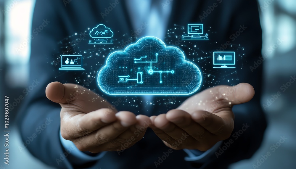 Poster A businessman showcasing cloud computing infographics along with technology icons, representing a stockgenerated theme of innovation and change