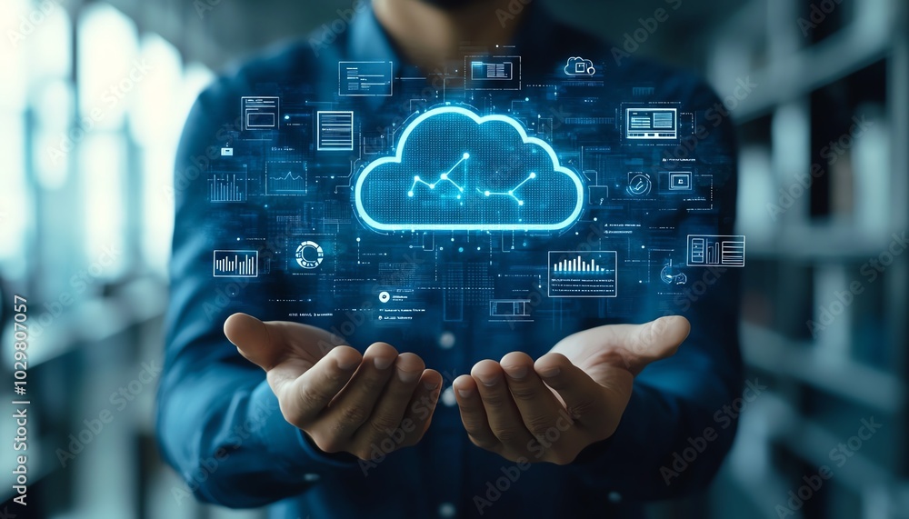 Aufkleber A businessman showcasing cloud computing infographics along with technology icons, representing a stockgenerated theme of innovation and change