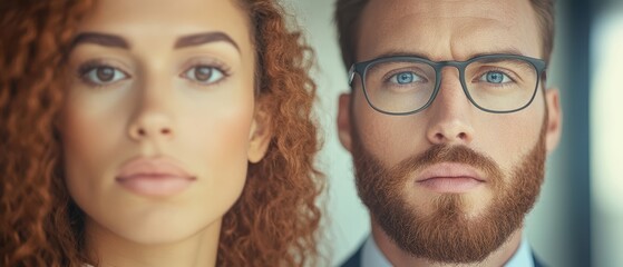 Fototapeta premium A man and a woman are standing next to each other, with the man wearing glasses. The woman has red hair and the man has a beard. Concept of contrast between the two individuals